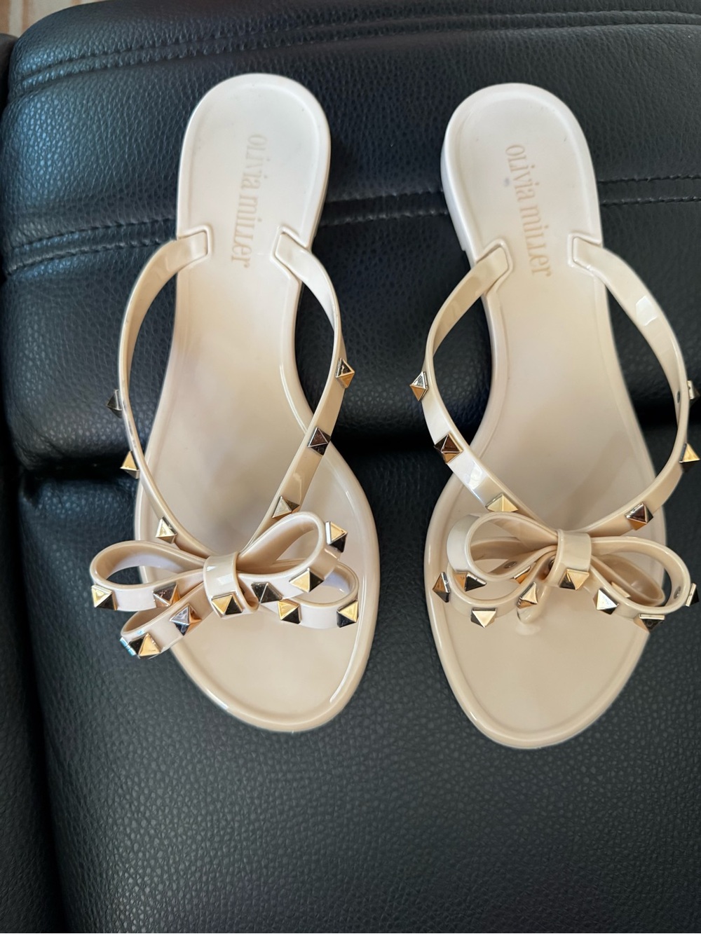Olivia Miller Nude Bow Jelly Sandals with Gold Studs